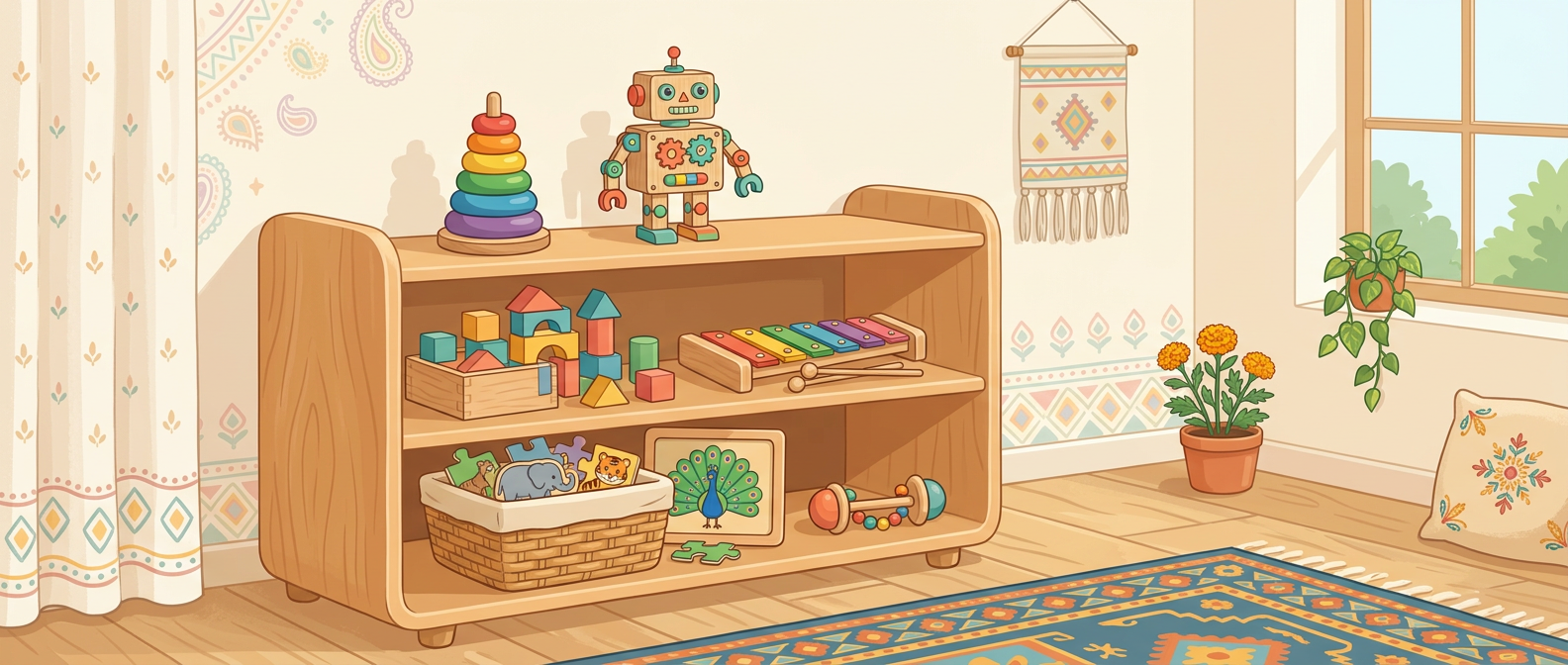 Colourful Indian toy shelf with rattles, stacking rings, blocks, xylophone and puzzles