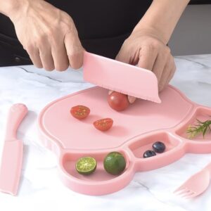 Kindergarten children's cutting board set fruit knife children's cutting board does not hurt hands plastic knife safety teaching tool food-grade PP material, 4-piece set (cartoon cutting board + knife + knife + fork)